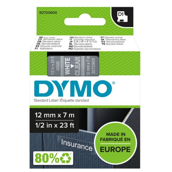 Dymo s0720600 nastro d1 bianco/trasparente 12mm x 7m colore bianco su trasparente