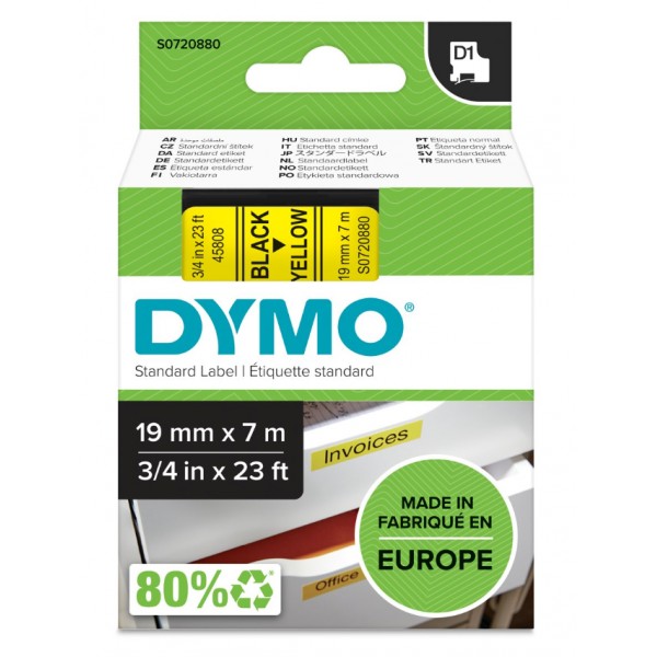 Dymo s0720880 nastro d1 nero/giallo 19mm x 7m colore nero su giallo