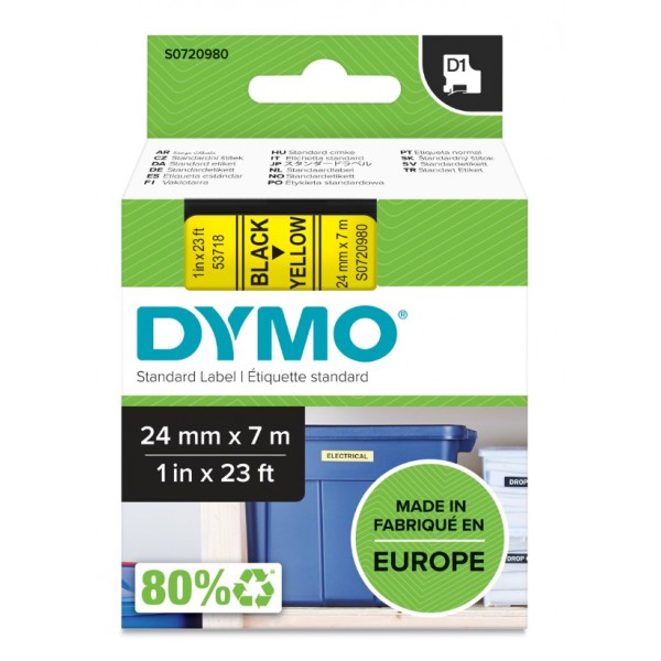 Dymo s0720980 nastro d1 nero/giallo 24mm x 7m colore nero su giallo