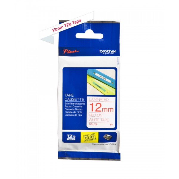 Brother tze-232 nastro rosso/bianco 12mm x 8m colore rosso su bianco