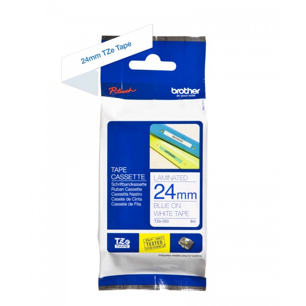 Brother tze-253 nastro blu/bianco 24mm x 8m colore blu su bianco