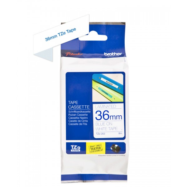 Brother tze-263 nastro blu/bianco 36mm x 8m colore blu su bianco