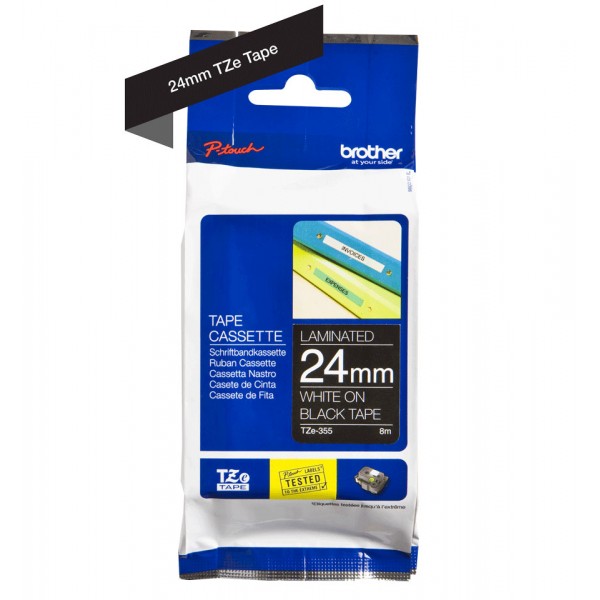 Brother tze-355 nastro bianco/nero 24mm x 8m colore bianco su nero