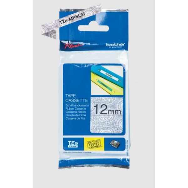 Brother tze-mpsl31 nastro nero/merletto argento 12mm x 4m colore nero su merletto argento colore nero su argento a merletto