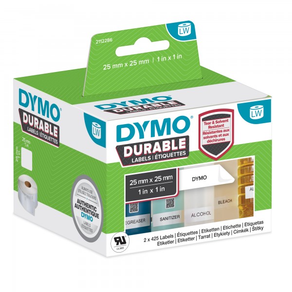 Rotolo 850 etichette adesive permanenti 25x25mm, in plastica colore bianco